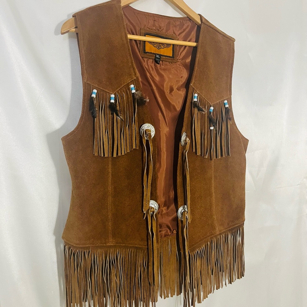 Brown Suede Fringe Vest with Turquoise bead Accents. festival concert.VINTAGE!